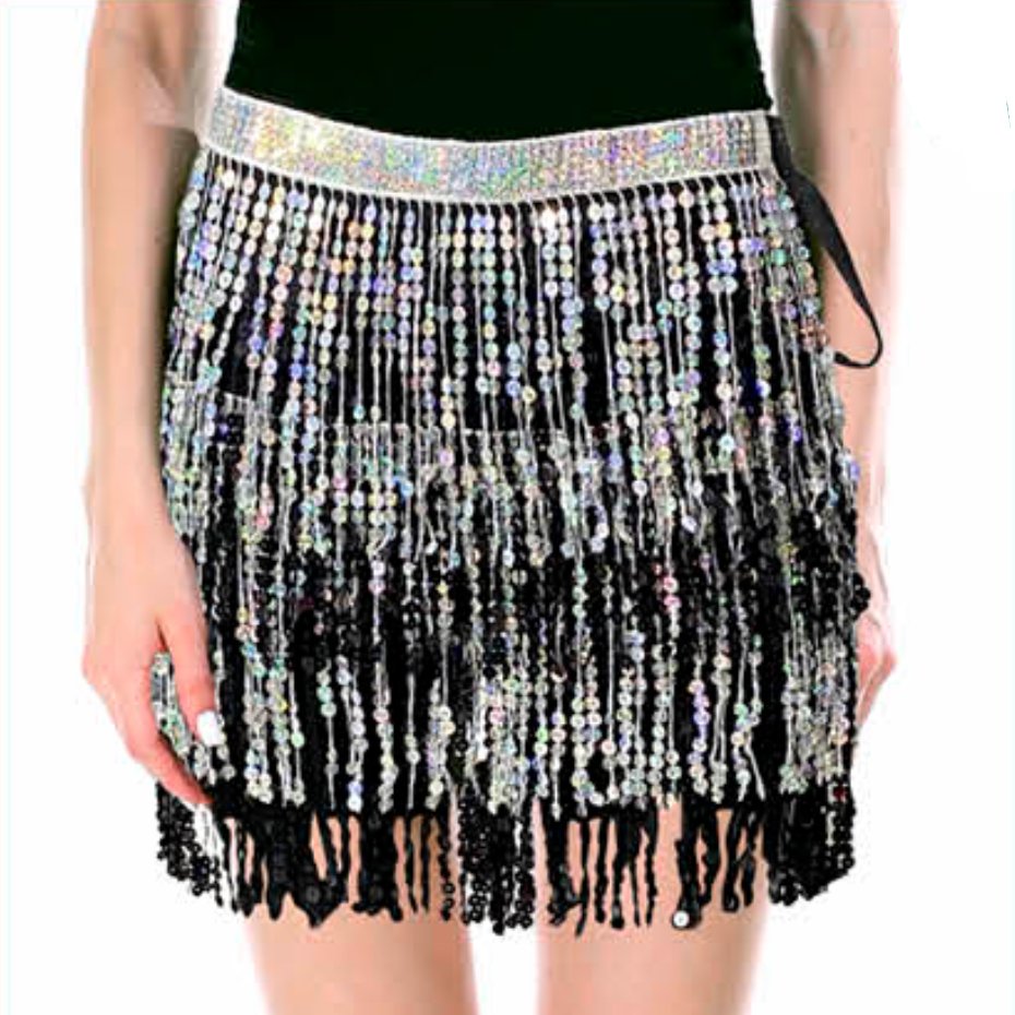 Adult Sequin Fringe Skirt - Black & Silver