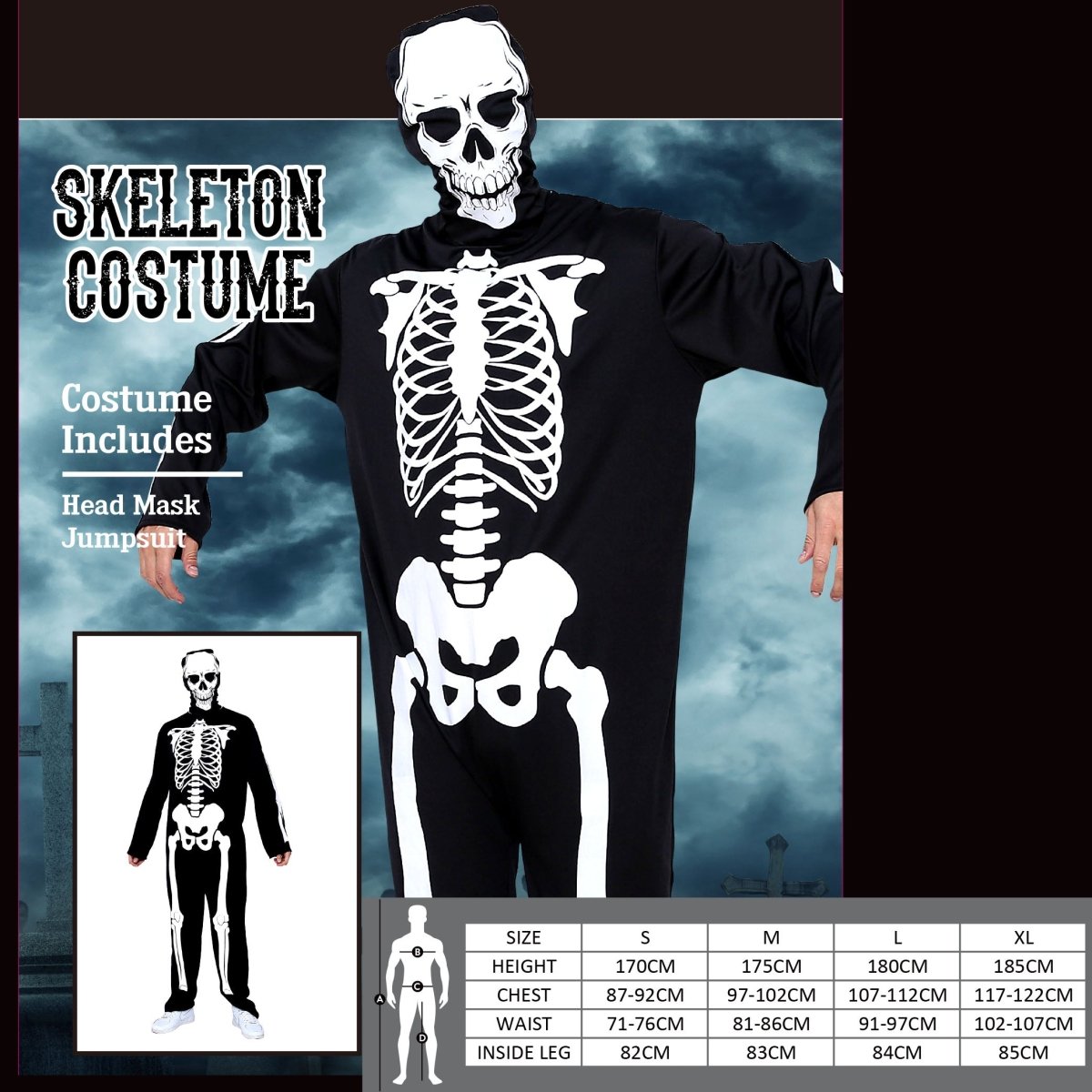 Adult Skeleton Costume – Includes Head Mask & Jumpsuit