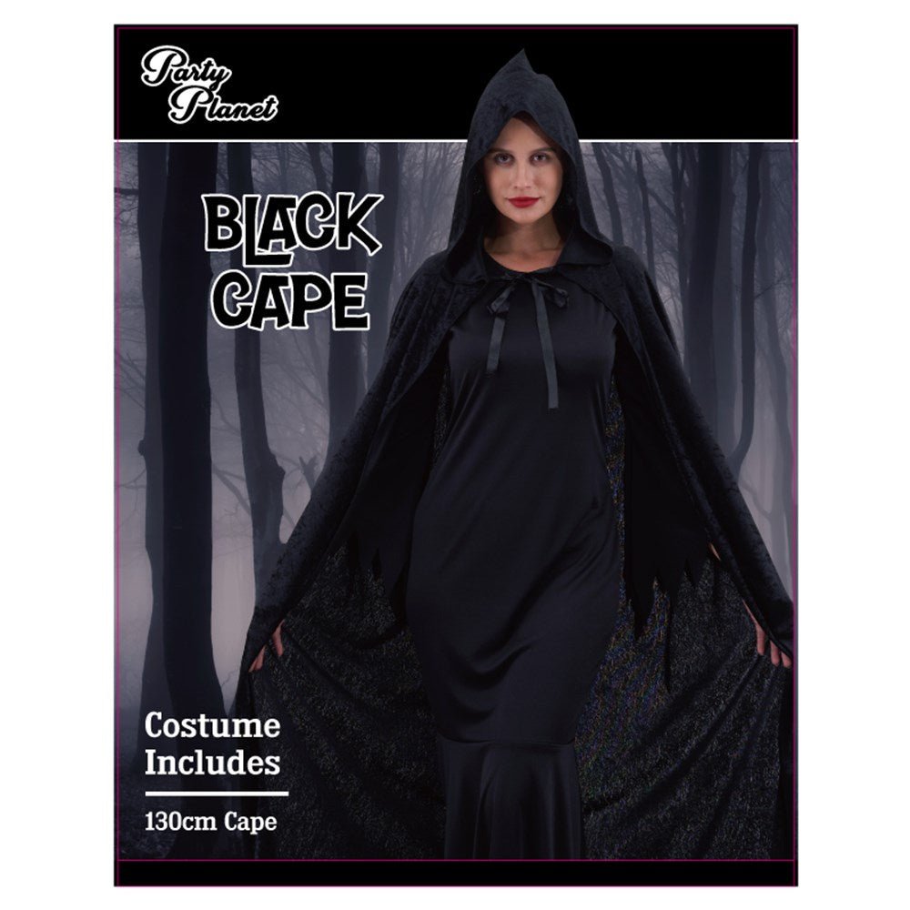 Black Hooded Cape – 130cm Adult Halloween Costume Accessory